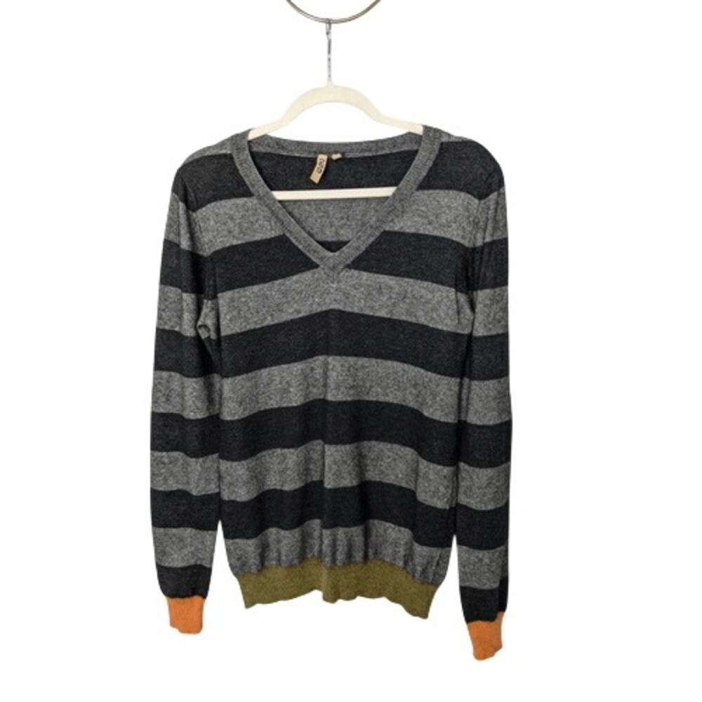 209 Mens 100% Cashmere Striped V-Neck Sweater Gray Olive Orange Small RN86776